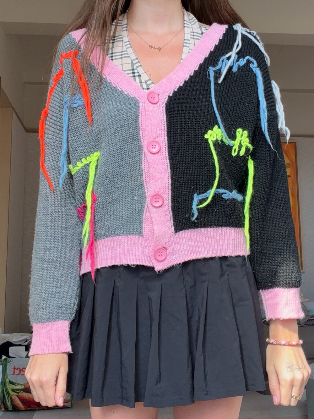 Colorblock Cropped Cardigan with Pink Trim